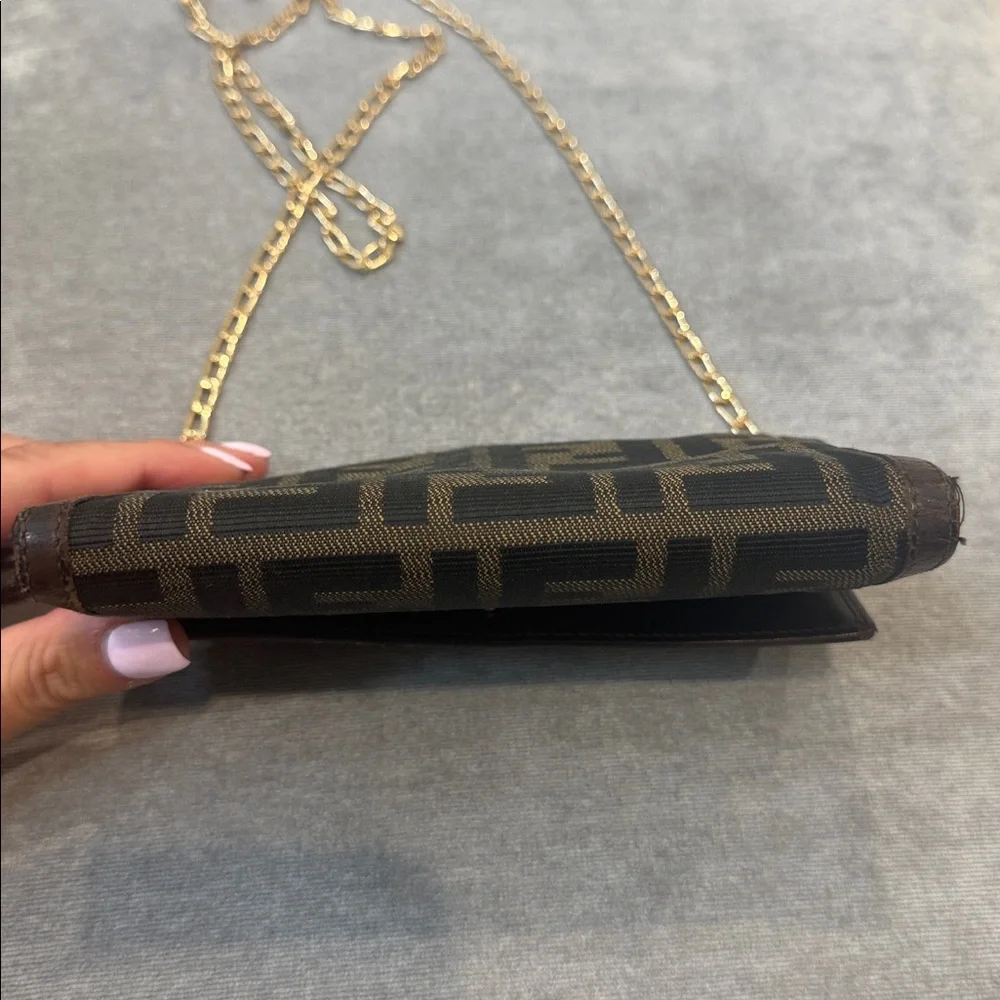 Fendi Black and Brown Monogram Clutch Bag with Gold Chain - Picture 12 of 15